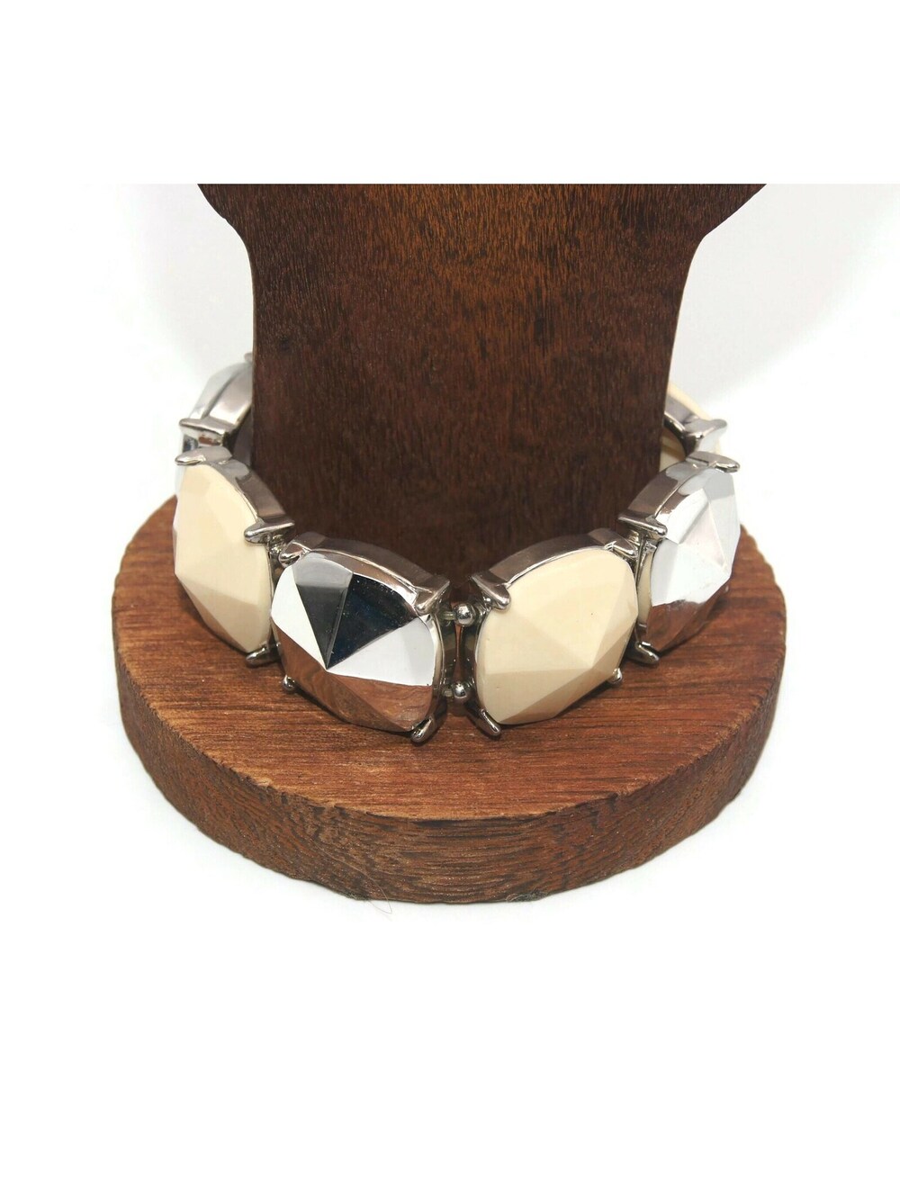 Vintage Silver Tone and Cream Cabochons 7 Inch Elastic Panel Bracelet.
